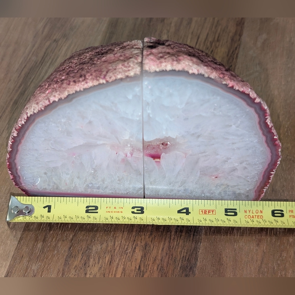 Brazilian Geode Pink White Quartz Agate Polished Bookends Set Dyed Stone Decor - Picture 8 of 11
